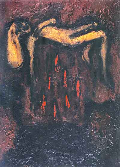 Víctor Mira. Woman levitating (Mujer levitando). Óleo sobre cartón. 105 x 75 cm. Barcelona, 1986